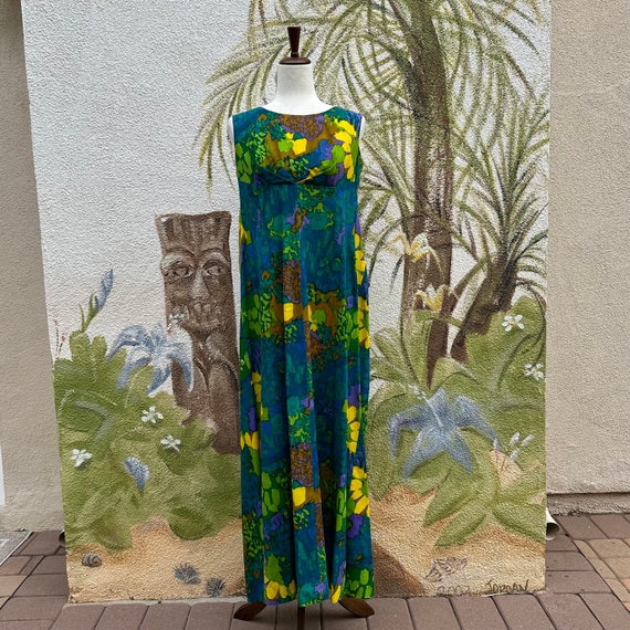Vintage 60s Hawaiian Maxi Dress, Floral Aloha Lua… - image 1