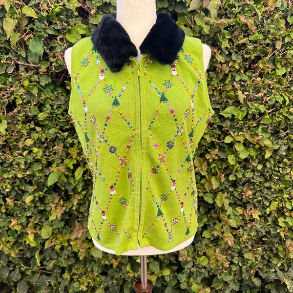 Vintage 80's Holiday Green Sweater Vest faux fur collar, snowman Christmas trees, size S/M