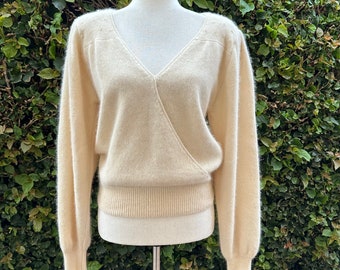 Vintage 80s Lambswool Sweater V Neck with Pearl Accents, Angora by Nordstrom Savvy, Size Medium