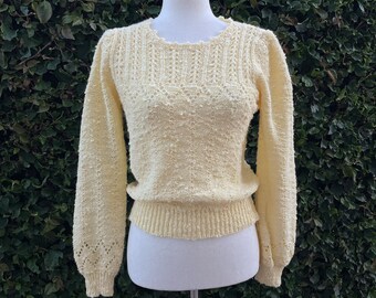 Vintage 80s Pale Yellow Sweater, Delicate Pullover, Long Sleeve, Size Small, by Marisa Christina