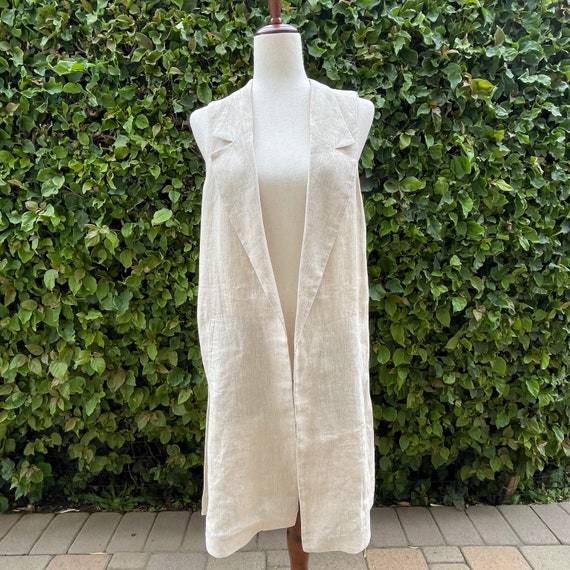 Long Linen Natural Beige Open Front Vest, Made in Italy, Sarah
