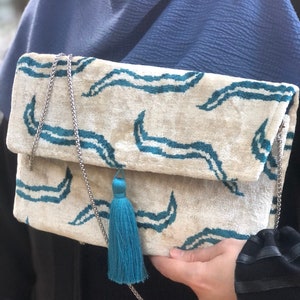 Ikat Clutch Bag: Suede Lined Evening Bag with Tassel