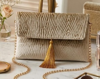 Bolsa de mão de veludo, corrente dourada, bolsa de lã, modelo com franjas