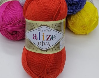 Alize Diva - effetto seta, filato mercerizzato fine, filato acrilico, filato all'uncinetto di peso sportivo estivo, filato per bambole, filato estivo 100gr 350mt