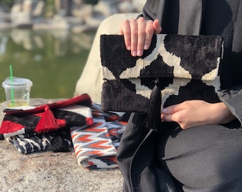Silk Velvet,Ikat Clutch Bag,Evening Purse,Ikat Handbag,Versatile Purse,Mother&#39;s Day Gift,Christmas Gift,velvet Clutch,Handmade Woman Bag