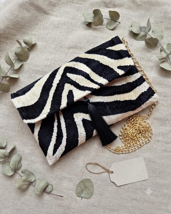 Zebra Velvet Clutch Bag with Tassel and Gold Chain,Yarn Bag,Bohemian Purse,Zebra Bag