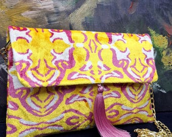 Fluwelen Ikat-tas met kwastje en gouden ketting, tas van garen