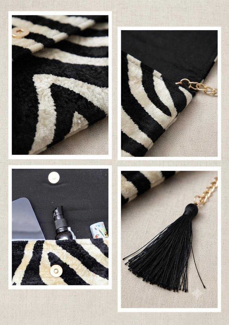 Puede incluir: Un bolso de mano con estampado de rayas de cebra en blanco y negro y acabado texturizado. El bolso incluye un cierre magn&eacute;tico dorado, un forro interior negro y una correa de cadena dorada adornada con una borla de tela negra.