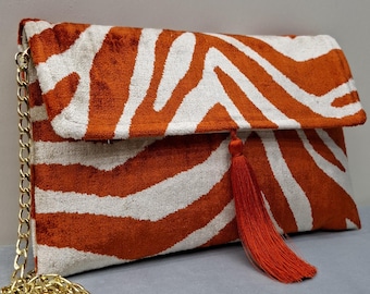 Ikat Samt Clutch Bag mit Quaste und Gold Kette,Garn Tasche,Boho Geldbörse