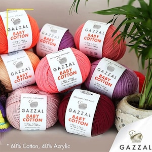 May include: A collection of colourful yarn balls labelled "GAZZAL BABY COTTON" with the text "60% Cotton, 40% Acrylic" at the bottom of the image.