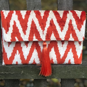 Velvet Ikat Clutch Bag: Bohemian Evening Bag with Tassel