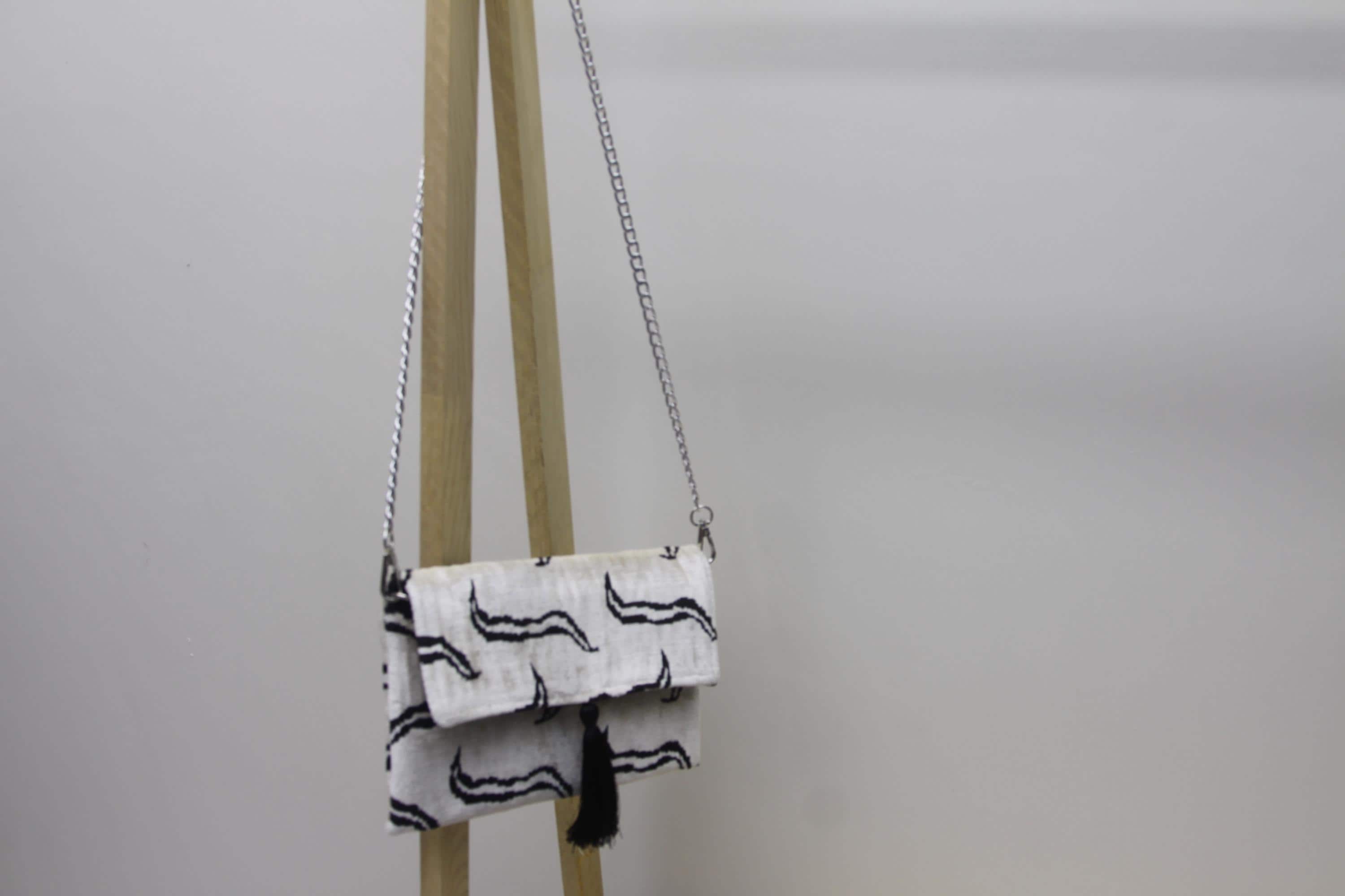 Silk Velvet Ikat Clutch Bag: Boho Fringe Handbag With Chain