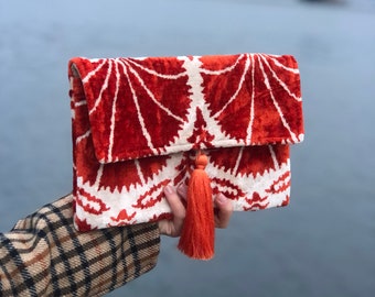 Silk Velvet Ikat Clutch: Bohemian Fringe Handbag