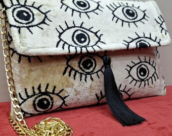 Ikat Samt Clutch Bag mit Quaste und Gold Kette,Garn Tasche,Boho Geldbörse