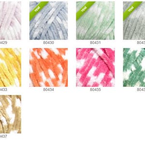May include: A selection of colourful yarn skeins, each with a soft, textured appearance. The colour palette includes shades of pink, blue, green, grey, yellow, orange, and beige. Each skein has a unique colour combination and a product code.
