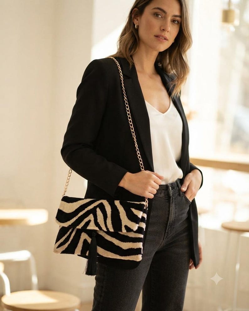Puede incluir: Un bolso de mano rectangular con un patr&oacute;n de rayas de cebra en negro y beige, una correa de cadena de metal dorado y una borla negra que cuelga de la solapa frontal. El bolso est&aacute; confeccionado con un material suave y texturizado.