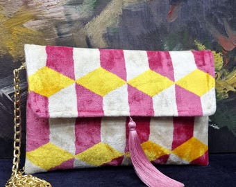 Fluwelen Ikat-tas met kwastje en gouden ketting, tas van garen