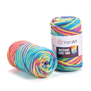 YarnArt Macrame Cord 3mm VR - Macrame Bag, Multicolor Macrame Cord, Macrame Rope, 60% Cotton, Crochet, Macrame Rug, 8.80 Oz, 92.96 Yds