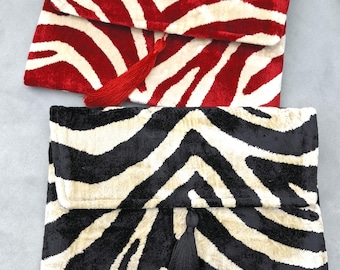 Ikat Velvet Clutch Bag with Tassel and Gold Chain,Yarn Bag,Bohemian Purse,Zebra Bag