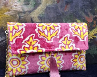 Fluwelen Ikat-tas met kwastje en gouden ketting, tas van garen