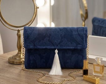 Bolso de mano de terciopelo Ikat: Bolso de noche con cadena 100% terciopelo, bolso de hilo