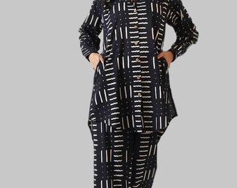 Hand Block Printed Cotton Black & White Printed Cotton Co-ord Set for Women | Stylish Shirts with Pajama Handmade Pajama Set Gift for Her