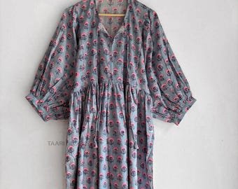 Grey Floral Block Print Maxi Dress, Indian Cotton Boho Summer Gown, Pink Flower Peasant Dress, V-Neck Puff Sleeve Kaftan, Modest Wear