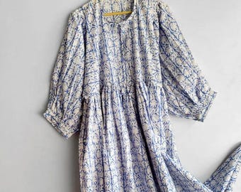 Hand Block Printed Dress, 100% Soft Cotton Tops, blue floral Fabric, Free Size Dress, Midi Multi Color Dress, Gift For Her