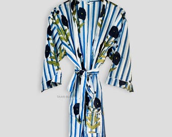 Blue Floral Cotton Kimono Robe, Striped Hand Block Print Dressing Gown, Boho Beach Cover Up, Bridesmaid Gift, Summer Loungewear for Women