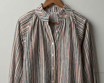 Striped Cotton Button Down, Smocked Cuff Blouse, Mandarin Collar Shirt, Indian Block Print Top, Long Sleeve Workwear