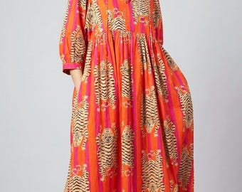 Tiger Print Maxi Dress, Orange Pink Striped Kaftan, Boho Animal Print Gown, Puff Sleeve Summer Dress, Wild Cat Festival Clothing,Resort Wear