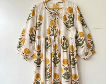 Hand Block Print Cotton Midi Dress | Floral Marigold Bohemian Dress | Long Sleeve Cotton Tunic with Pockets | Sustainable Artisan Clothing