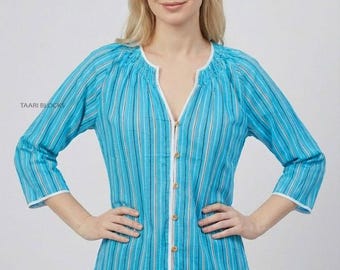 Blue Striped Tunic Top, Boho Button Down Kurta, Cotton V-Neck Blouse with Ruched Details, full Sleeve Shirt for Women, Casual Beach Wear