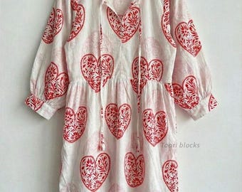 White and Red Heart Dress, Womens Valentines Dress, Hand Block Print, Summer Boho Midi, Loose Fit Maternity Friendly