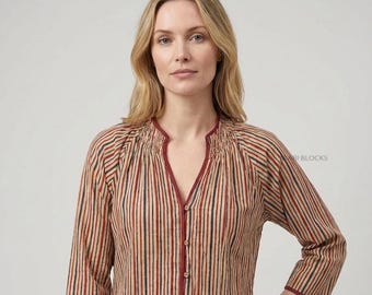 Artisanal Handblock Printed Cotton Striped V-Neck Top - Unique Gathered Detail & Red Trim | free size comfortable look