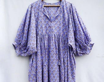 New Florie-Bohemian Midi Dress,Hand Block Printed Cotton,Casual,Occasional,Pure Cotton,Handcrafted,Ethical Fashion,Floral,Blue,Rose