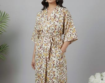 Bath Robe Womens Sleepwear Getting Ready Outfit Long Robes hand block soft Cotton Dorm Wear Dressing Gown Morning Robe Boho Roommate Gift