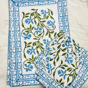 Set di 6 tovagliette in cotone stampate a blocchi, bellissime tovagliette colorate, tovagliette lavabili con fiori blu per tavolo da pranzo