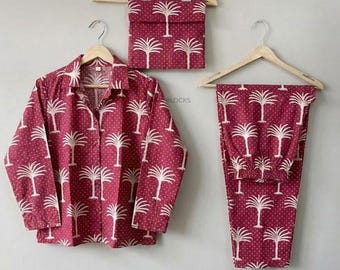 Maroon Cotton Pajama Set Women, Hand Block Print Palm Tree Nightwear, Soft PJs with Bag, Boho Bridesmaid Gift, Tropical Summer Loungewear