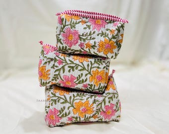 Set Of 3 Floral Makeup Bags - Big, Medium, Small - Toiletry Bag, Women Wash Bag, Quilted Makeup Bag, Hand Block Print Pouch, Travel Set
