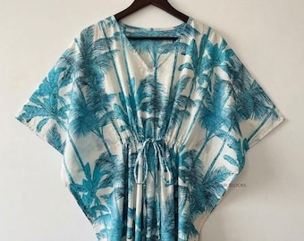 Summer Cotton Blue Kaftan | Beach Cover Loungewear Blockprint Resort Wear Maxi Dress caftan Perfect Gift For Her