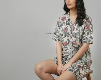 Pijama hecho a mano, conjunto de camisa y pantalones cortos de algodón, bonito y cómodo, ropa de dormir, conjunto transpirable, ropa de estar en casa, ropa de algodón orgánico, regalo perfecto para ella