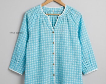 Lime Yellow\Blue Gingham Hand Block Printed Blouse – Cotton V-Neck Button Down Shirt with White Piping & Gathered Detail