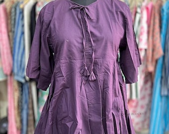 Purple Peplum Top, 100% Soft Cotton Tunic, Tie-Neck Boho Blouse, Casual Summer Shirt, Comfortable Everyday Dress, Gift for Her