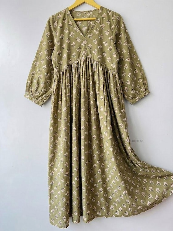 Olive Green Cotton Dress, Floral Hand Block Print Midi, Boho V-Neck Smock Dress, Summer Vacation Outfit, Maternity Friendly Clothing Olive Green Cotton Dress, Floral Hand Block Print Midi, Boho V-Neck Smock Dress, Summer Vacation Outfit, Maternity Friendly Clothing