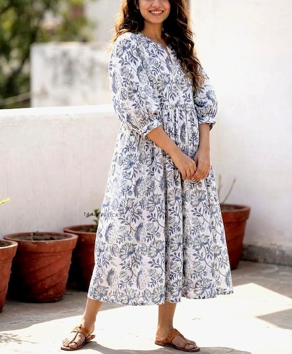 Hand Block Organic Cotton Midi Dress, Loose Cottagecore Dress, Soft Gathered Flowy Dress, Comfortable Fit, Boho Tunic, Relaxed Summer Dress