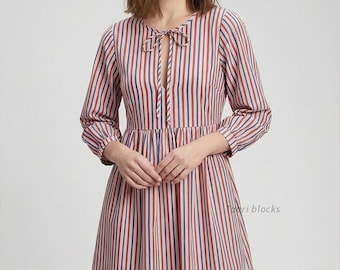 Striped Tie Neck Dress, Coastal Grandma Style, Nautical Red Blue Stripe, Summer Work Dress, Cotton Knee Length Tunic