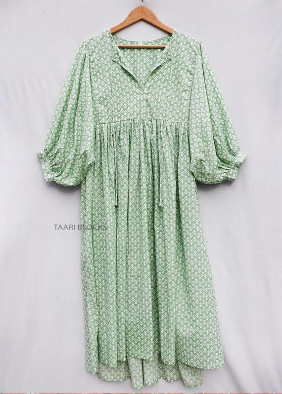light green smock dress Hand Block Print Dress, Cotton Floral Midi Dress, Boho Balloon Sleeve Summer Dress, Indian Hand Printed for Women collection:getaway-dresses