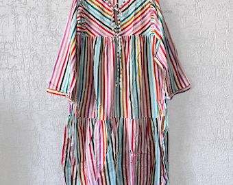Cotton Comfortable Dress, Hand Block Multi Striped Maxi Dress, Summer Beach Cover Up, Boho Resort Wear for Women, Free Size Lounge Dress