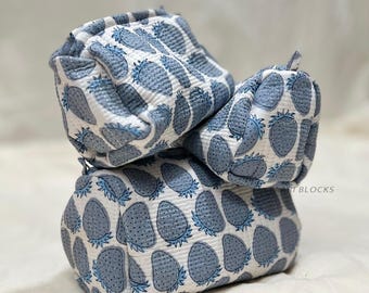 Conjunto de 3 bolsas de higiene pessoal acolchoadas, bolsa de maquiagem com estampa de blocos, bolsa de cosméticos, bolsa de higiene pessoal grande indiana, bolsa de maquiagem feminina, bolsa de higiene pessoal lavável